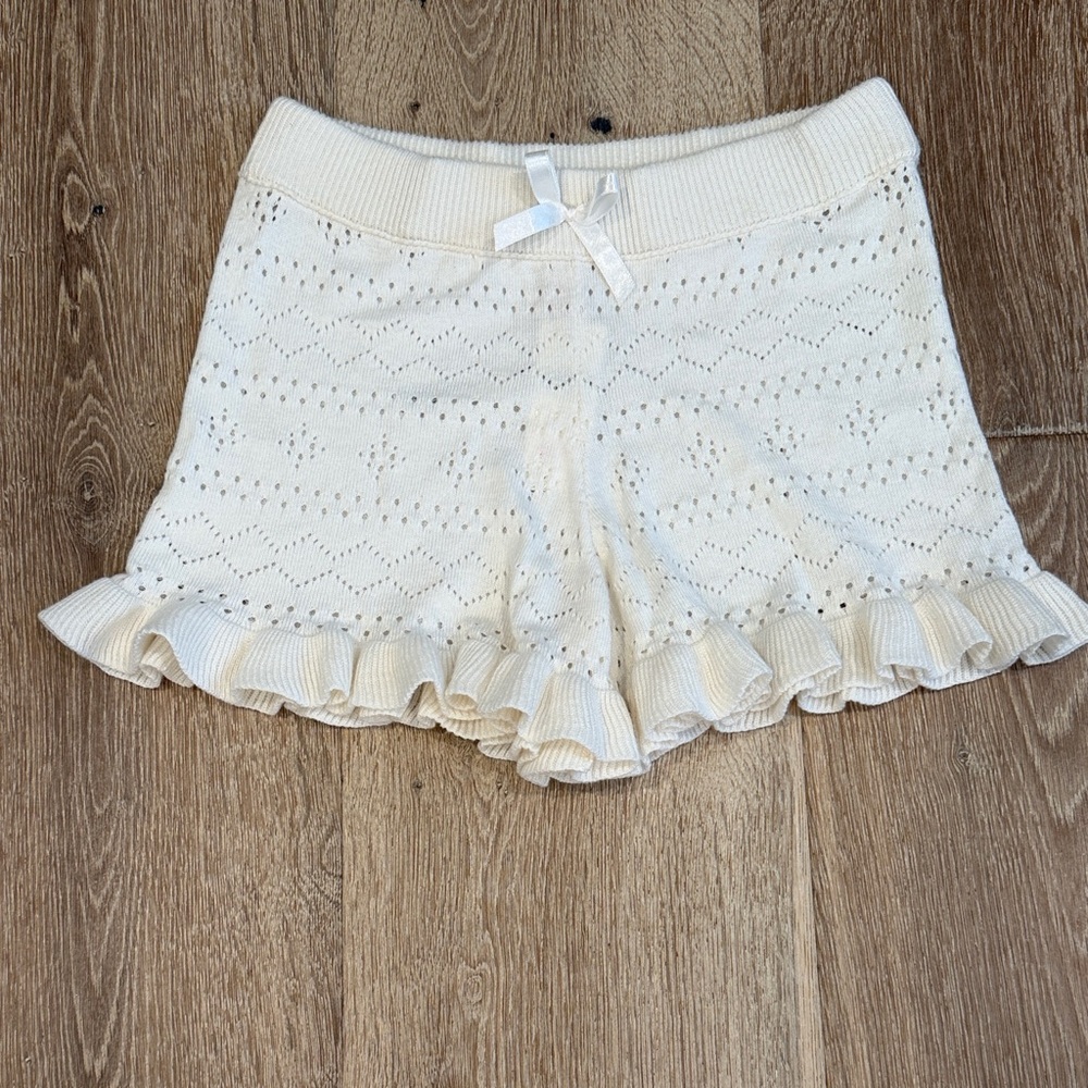 Anthropologie Cream Knit Ruffle Shorts